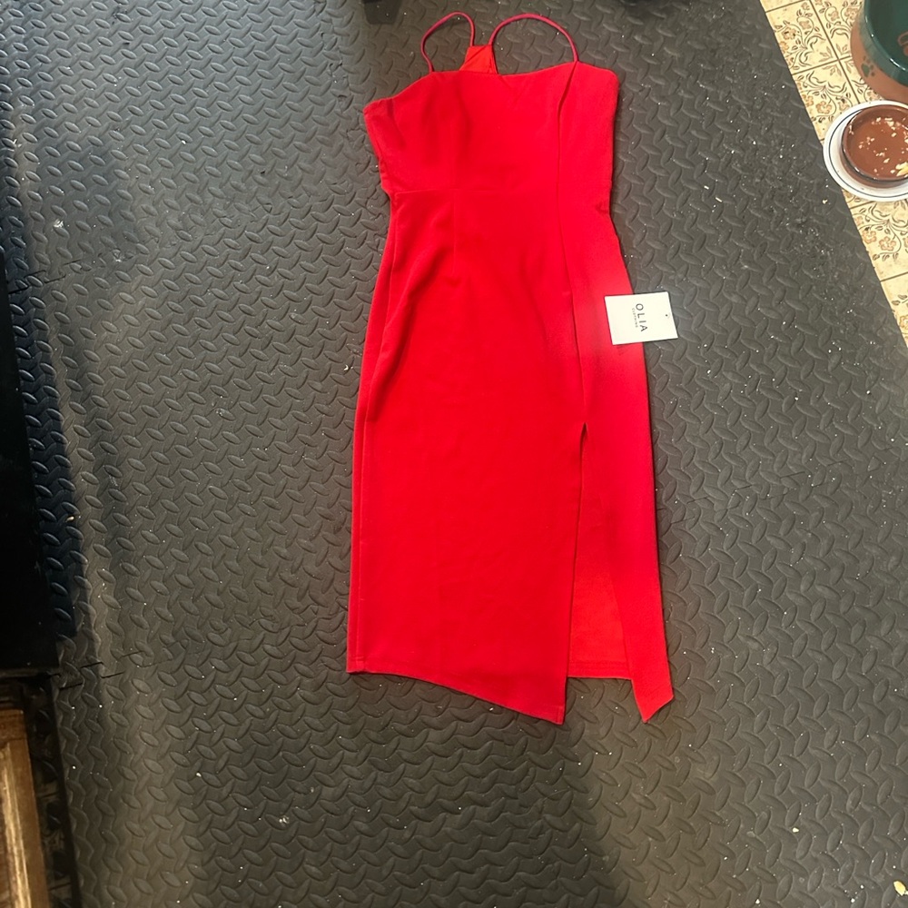 Olia Strappy Red Midi Dress with Front Slit